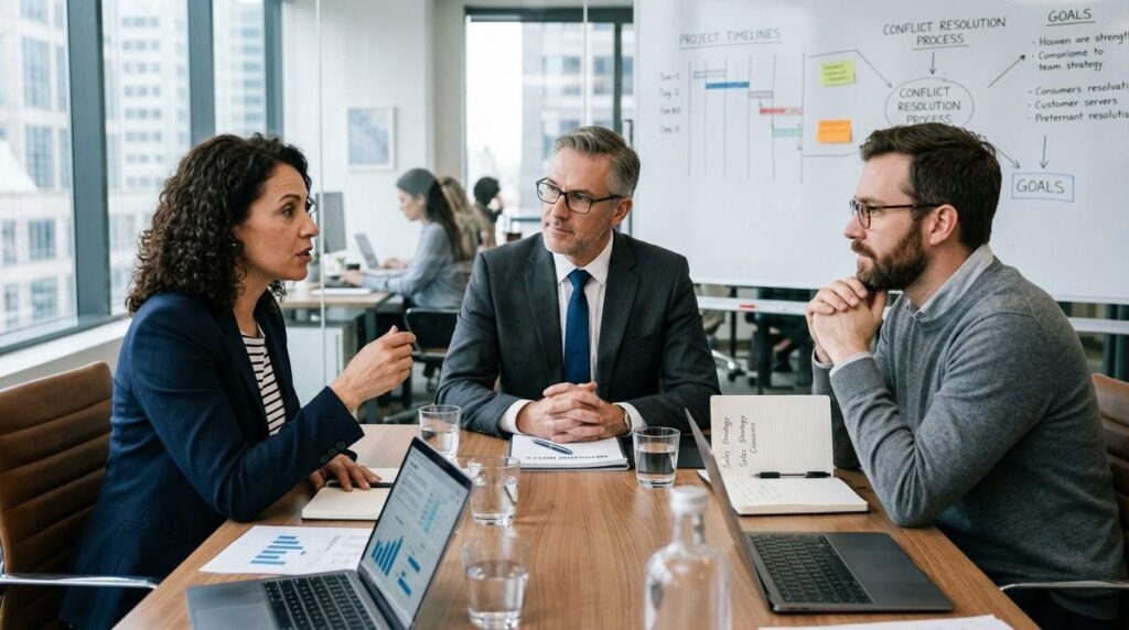 Two colleagues discussing a shareholders disagreement across a table with a mediator present, representing conflict resolution in business.