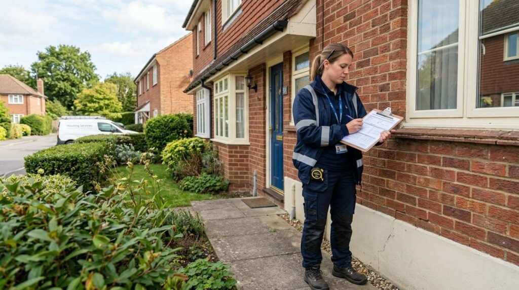  surveyor holding a clipboard, carefully inspecting the exterior of a residential property, likely as part of a housing management assessment. 