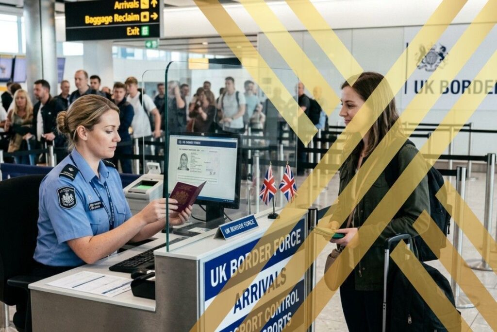 UK border control officer examining passport of an overseas traveller, representing entry clearance affected by the UK visa brake policy.