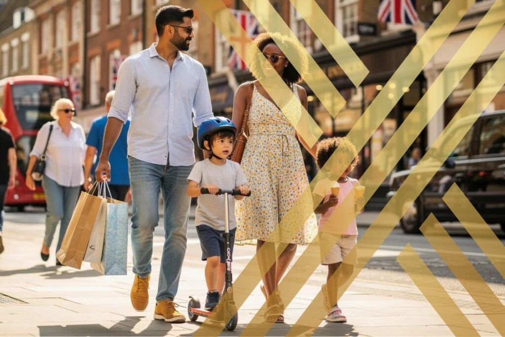 A diverse family strolls through a bustling UK city and enjoy their day, showing the essence of family life in the UK and the importance of settlement routes.