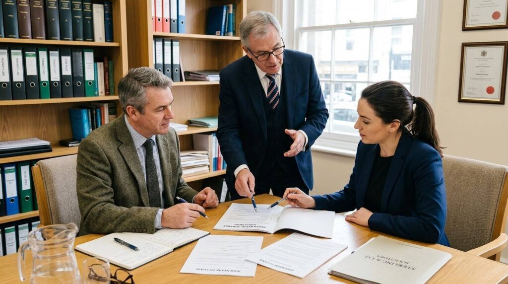 Landlord and tenant reviewing rental agreement documents with a civil litigation solicitor London advising in the background.