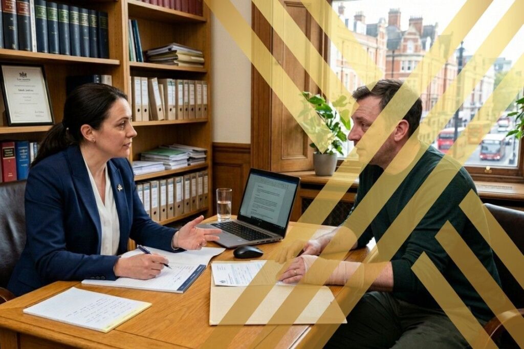 Workplace accident solicitor consulting a client about an accident at work claim and guiding him legal procedures in a professional UK office setting.