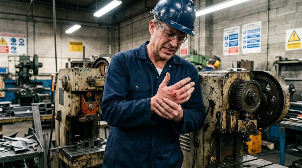Factory worker inspecting a hand injury caused by unsafe equipment, highlighting the importance of reporting incidents to the Health and Safety Executive.