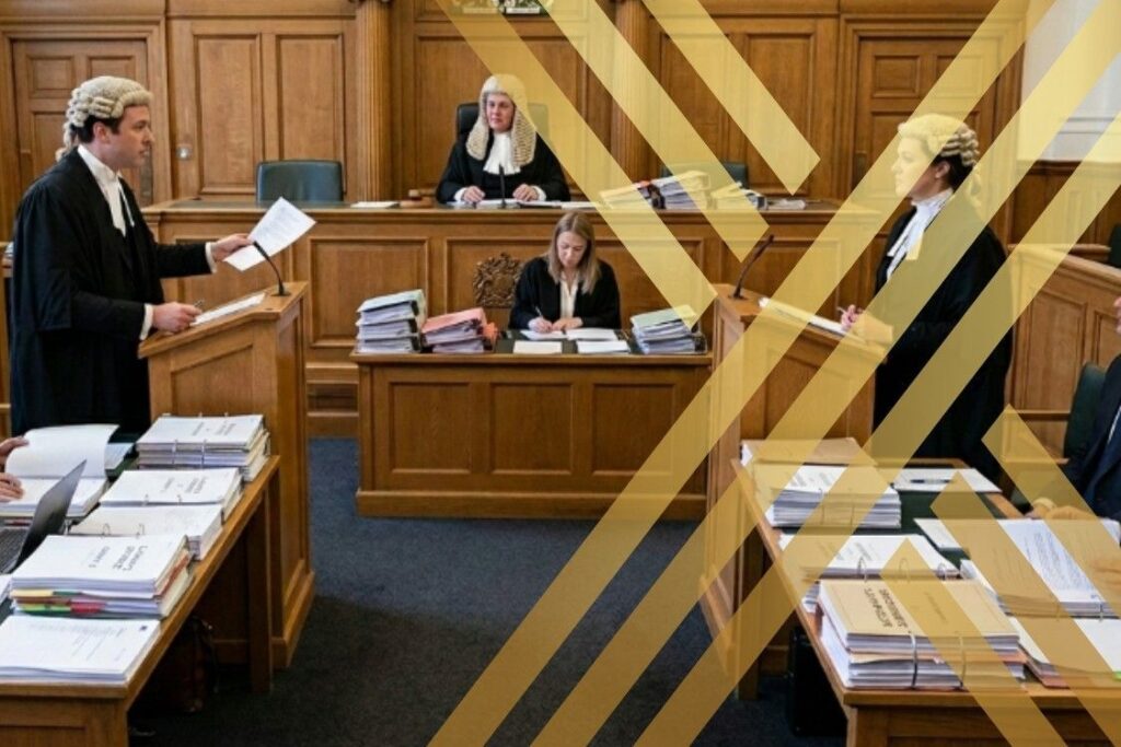 A UK courtroom scene showing a judge seated at the bench with barristers and solicitors presenting arguments, representing burden of proof in civil cases.