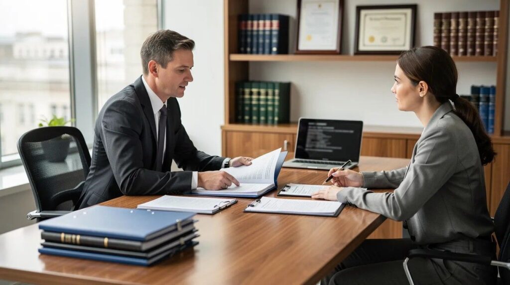  A solicitor is seated across from a client at a table, reviewing evidence and discussing how to establish claims in civil cases and how it differs from criminal trials.