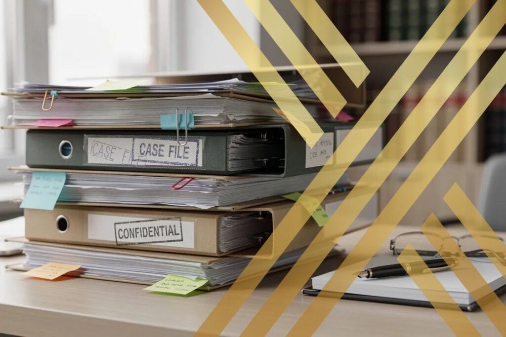 A stack of legal files and documents is neatly arranged on a solicitor's desk, showcasing key documents relevant to UK civil cases.
