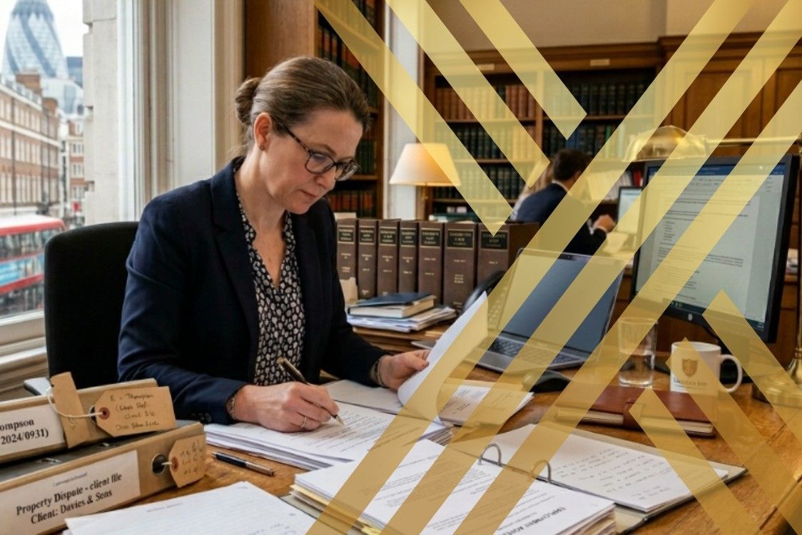 Civil litigation solicitor london reviewing legal case files and contract papers at a desk in a law office in the UK.