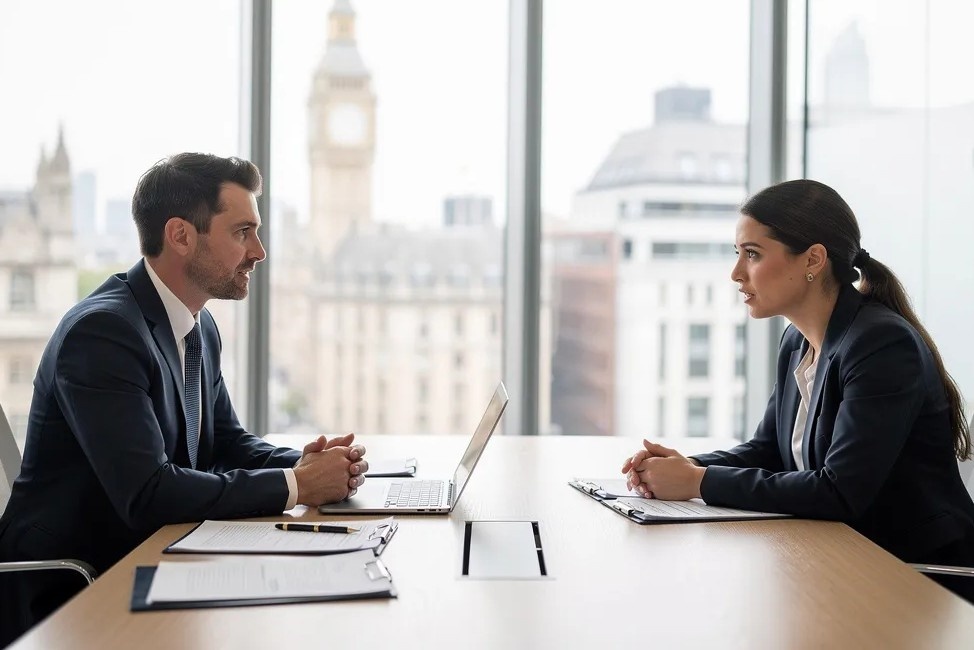 Professional meeting between a civil litigation solicitor London and a client discussing the litigation case in a modern office setting.