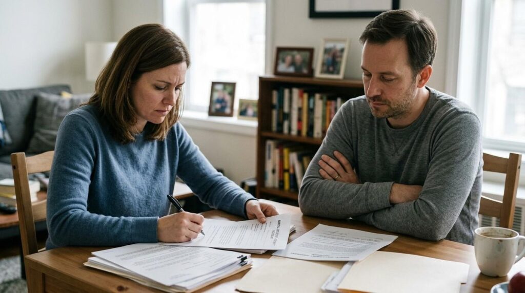 ( A couple sitting around a table and preparing the documents for a joint divorce application and discussing the proceedings. ) divorce solicitors Manchester