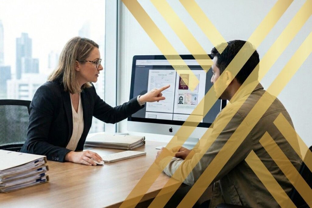 Immigration solicitor reviewing visa documents on computer screen with client sitting in front, as part of document checking service in professional office setting.