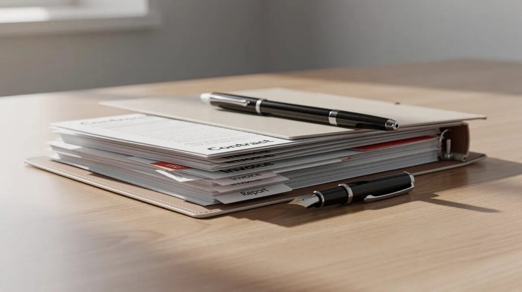  An organised folder containing important documents sits on a desk alongside a pen, symbolising the preparation needed in family law cases and divorce proceedings. 