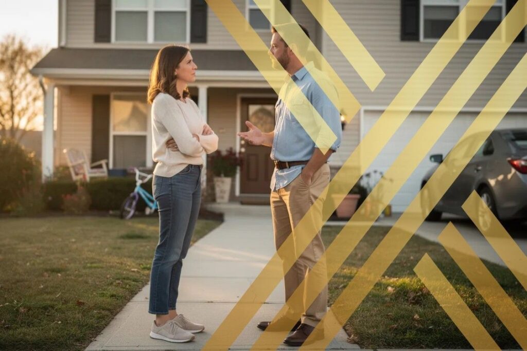 Couple standing outside their family home, engaged in a serious discussion about their financial settlement after 5 years separation.