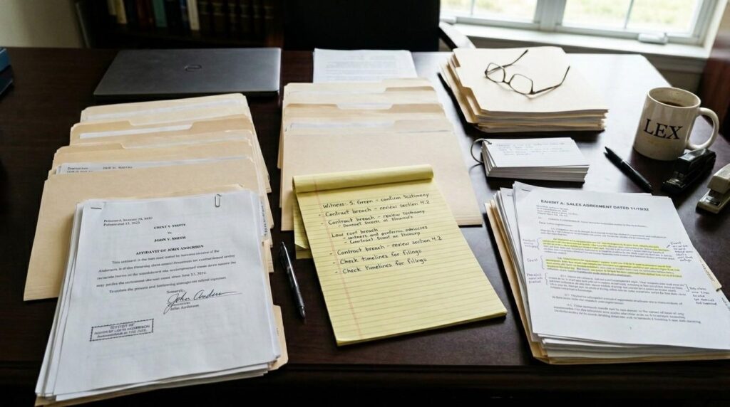 Neatly arranged legal case files and evidence documents on a desk, including folders, typed statements, and handwritten notes used for a civil court case.