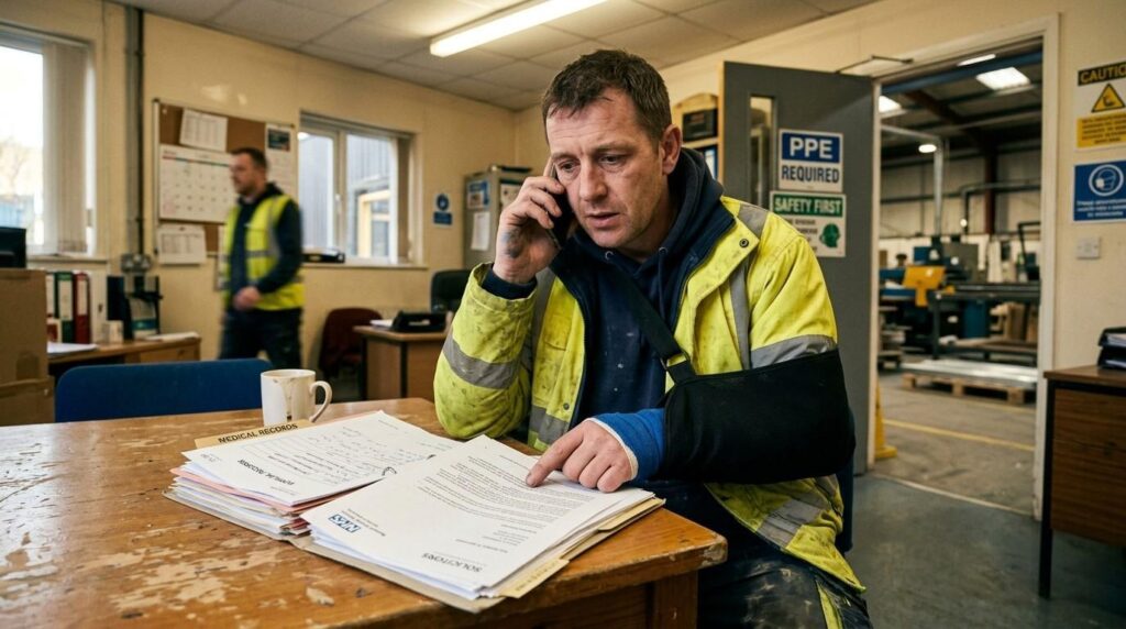 Injured worker at an industrial site contacting a workplace accident solicitor to start a work compensation claim in the UK.