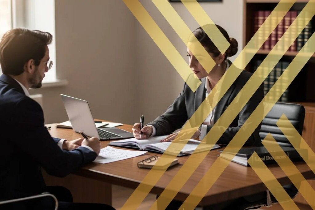 An immigration solicitor Sheffield and a client are engaged in a professional consultation at a desk, discussing important immigration documents.