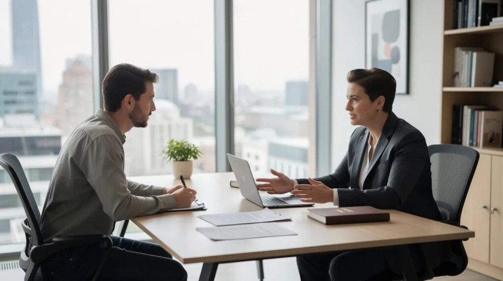 Meeting between a solicitor and a client, where they are discussing the process of return of documents home office.