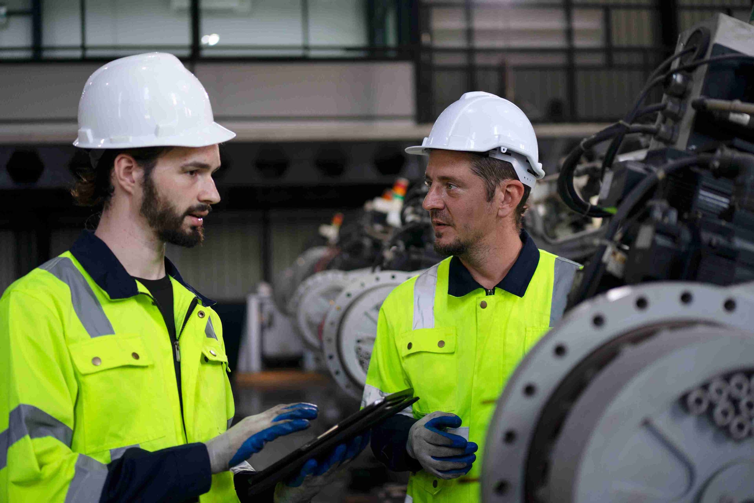 Two factory workers in bright yellow safety jackets and helmets discuss using a tablet, standing amidst industrial machinery in a workshop.