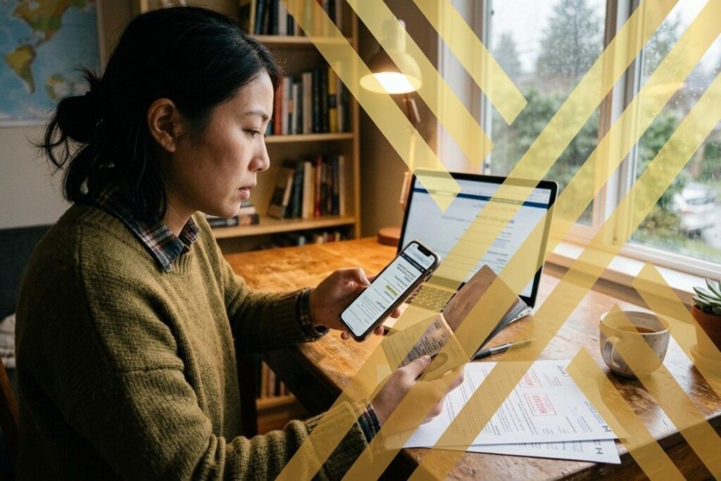A person is sitting at a desk, holding a valid passport and managing their immigration status online and accessing their UKVI account or checking details related to visa process.