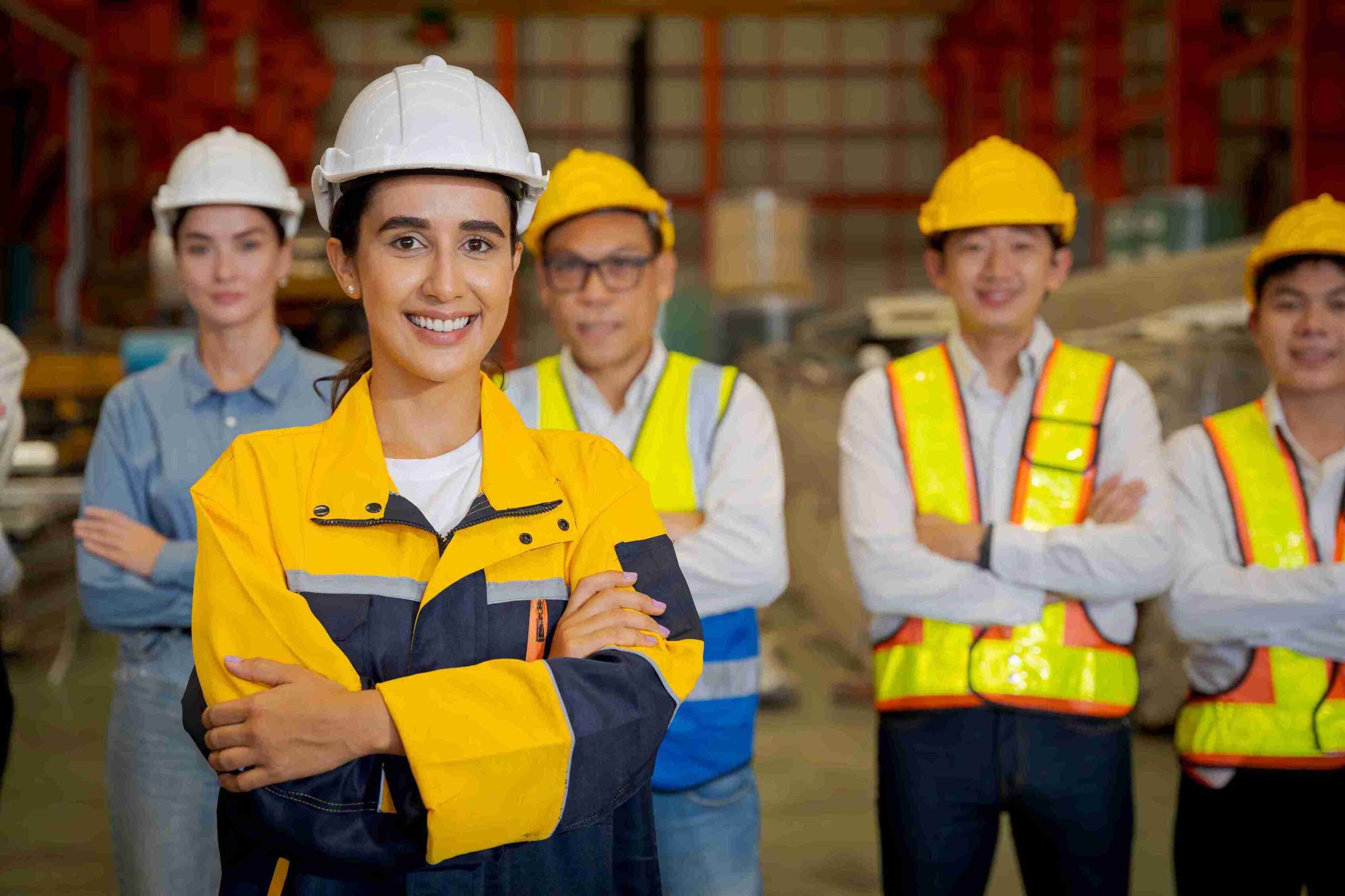 Smiling female construction worker in yellow jacket and white hard hat stands confidently with colleagues in reflective vests and hard hats in a warehouse.
