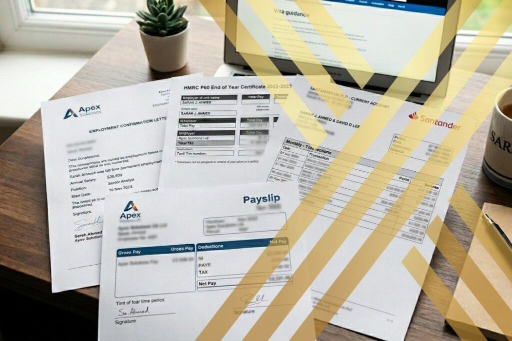Financial documents and payslips neatly arranged on a professional desk, highlighting essential paperwork for a UK spouse visa application.