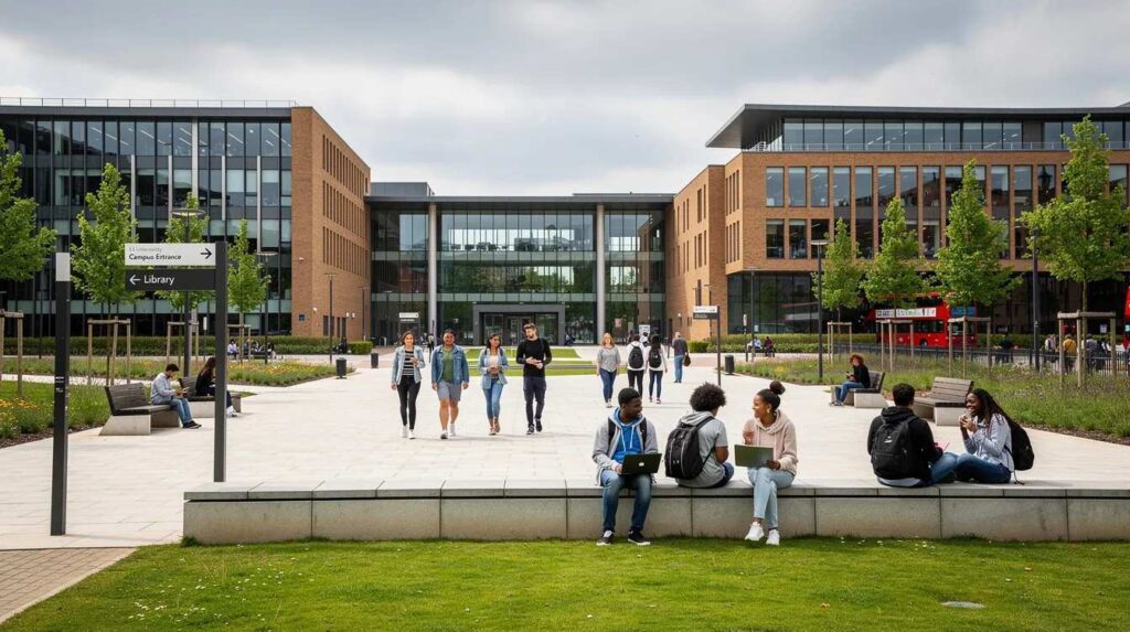 Modern UK university campus with diverse students, reflecting the institution's commitment to maintaining student sponsor status and fulfilling sponsorship duties.