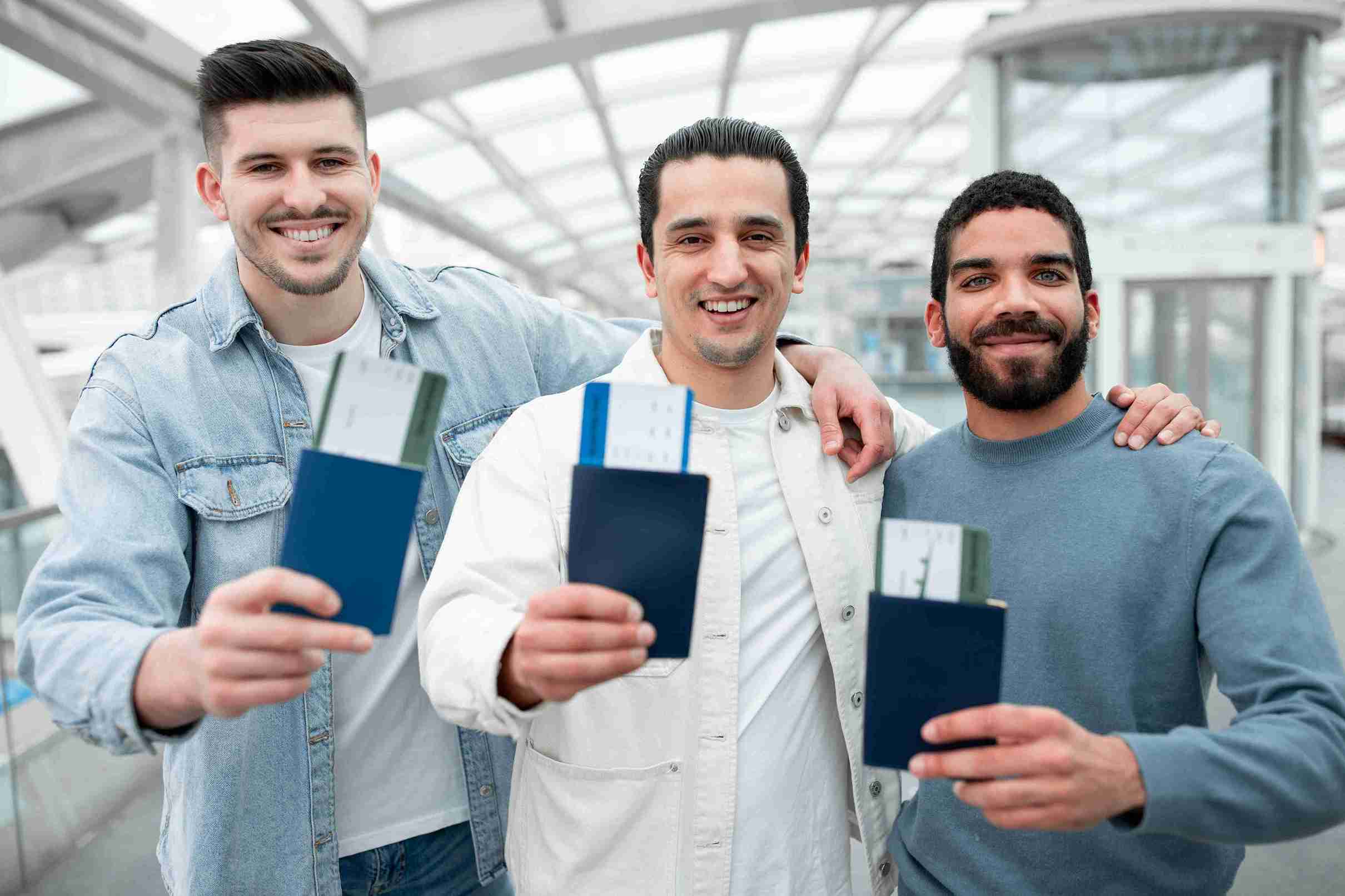 Three men proudly displaying their passports, smiling and standing together in a bright outdoor setting.