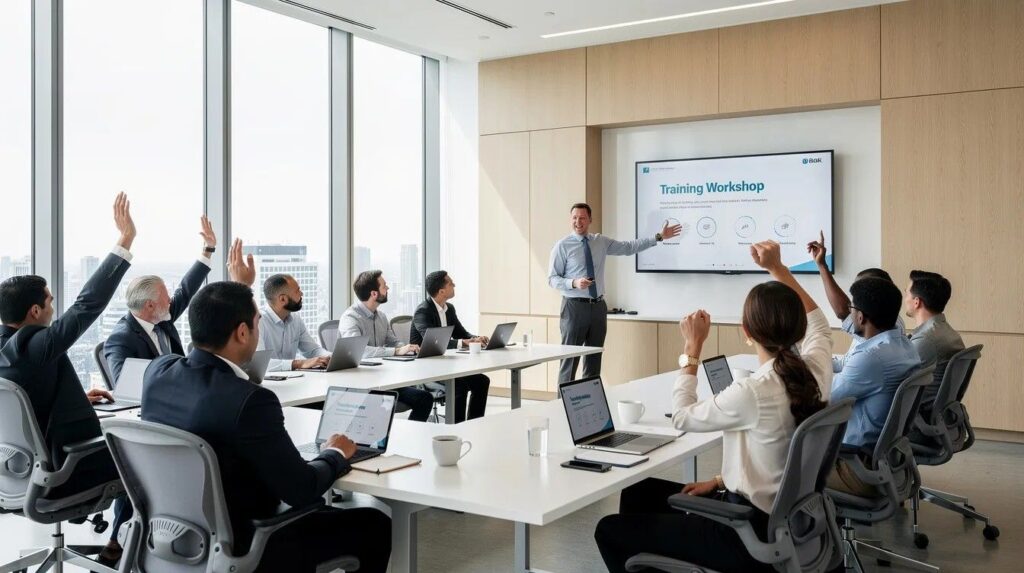 Professionals engaged in a training workshop, focusing on topics related to student sponsor status and compliance duties for enrolling international students.