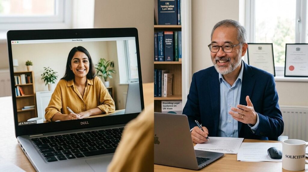 A friendly immigration lawyer speaking with a client during a video consultation, offering legal guidance by immigration solicitors Leeds on visa applications. 