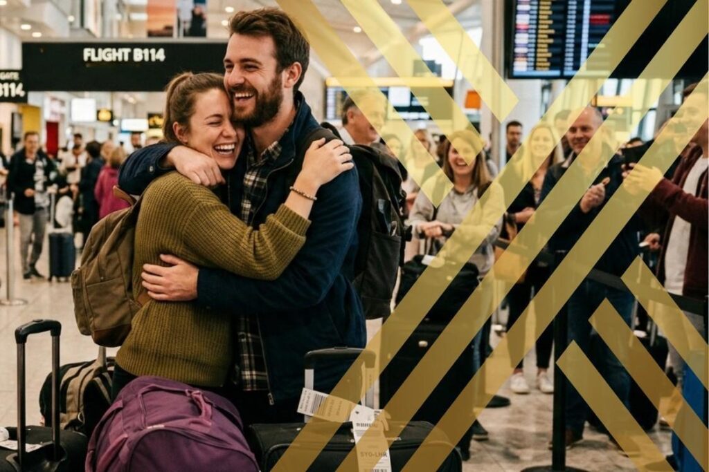 Couple joyfully reuniting at an airport arrivals gate, embracing each other warmly while surrounded by their luggage, showing the successful application of fiance visa UK.