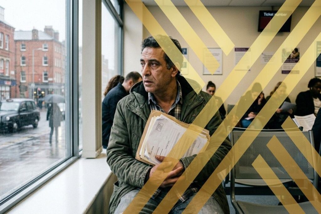 A worried asylum seeker sitting in a waiting area holding immigration documents while looking through a window, representing uncertainty related to asylum appeals system overhaul.