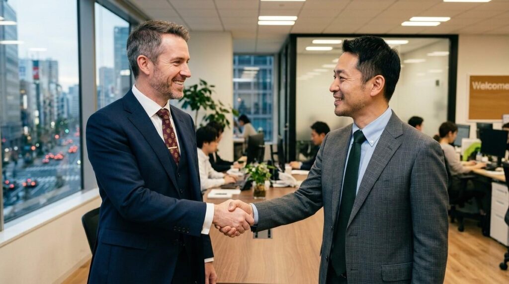 A business professional shaking hands with an overseas employee in an office setting, representing UK skilled worker visa sponsorship and international recruitment. 