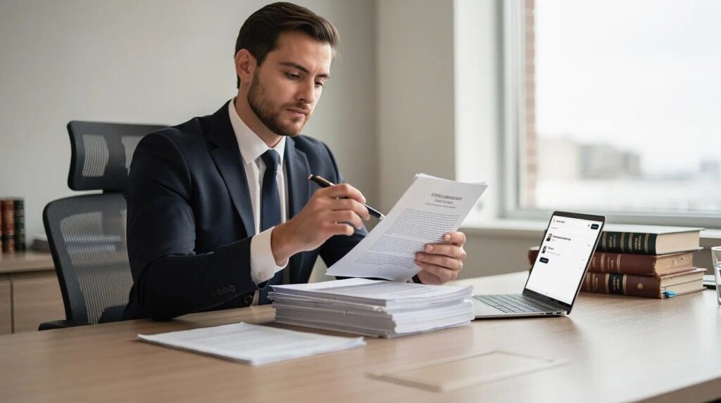 A professional intently reviewing official legal documents related to UK immigration law, concerning a deportation order and preparing evidence for revocation request.