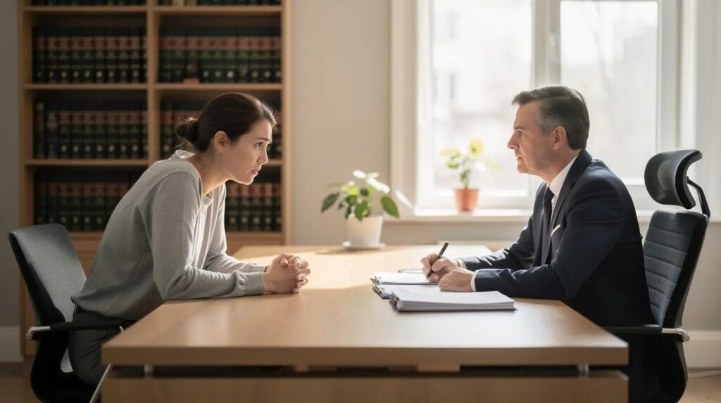 (A worried foreign national is seated across from a solicitor discussing the complexities of the deportation process, their legal options and the implications of a deportation order.)deportation process UK