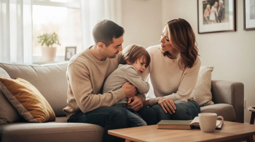 Family sitting together in a living room with a parent comforting a child, highlighting the importance of family life and emotional support during challenging times, such as facing deportation or immigration matters.