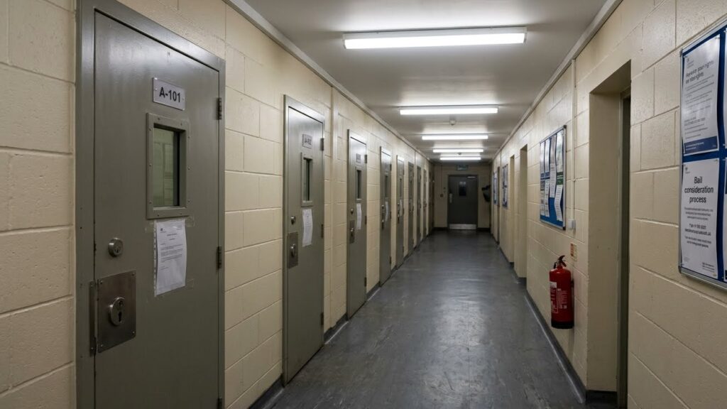 A quiet immigration detention centre corridor with locked doors and fluorescent lighting, representing immigration detention and bail considerations in the UK.