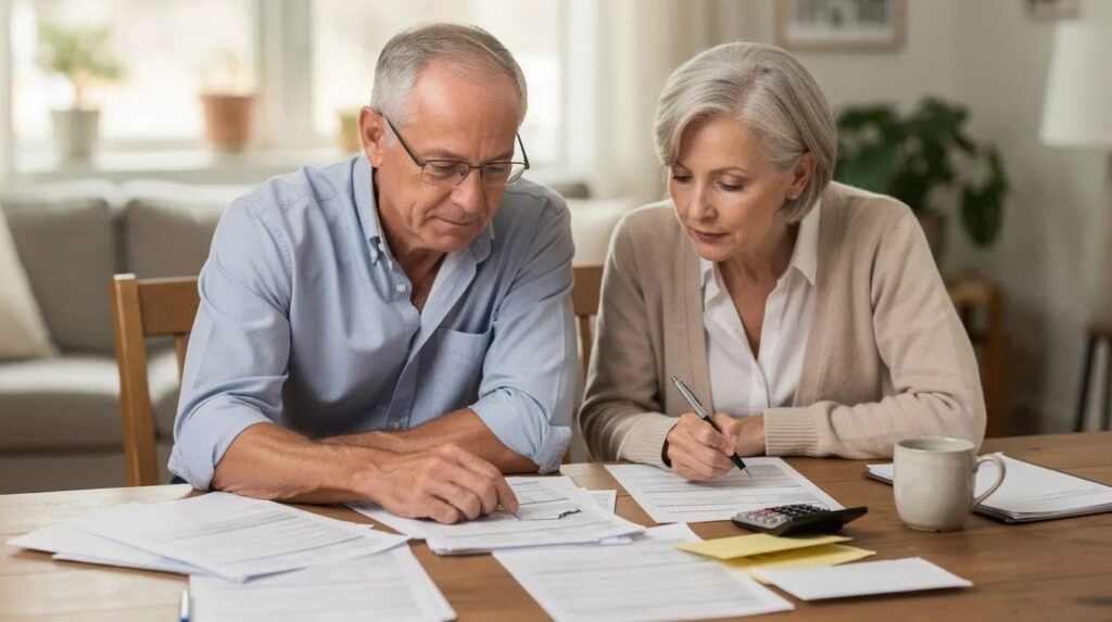 An older couple sits at a table surrounded by various documents, engaged in reviewing their financial assets and matrimonial property as part of their divorce agreements.