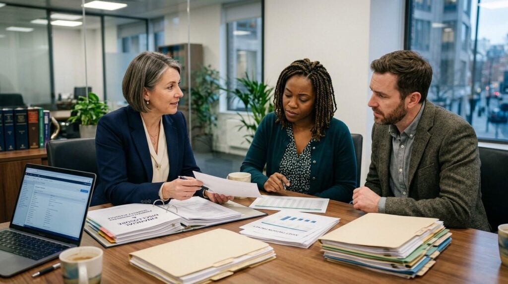 (Divorcing couple meeting with a family law solicitor to review financial disclosure documents and property information)divorce and property.