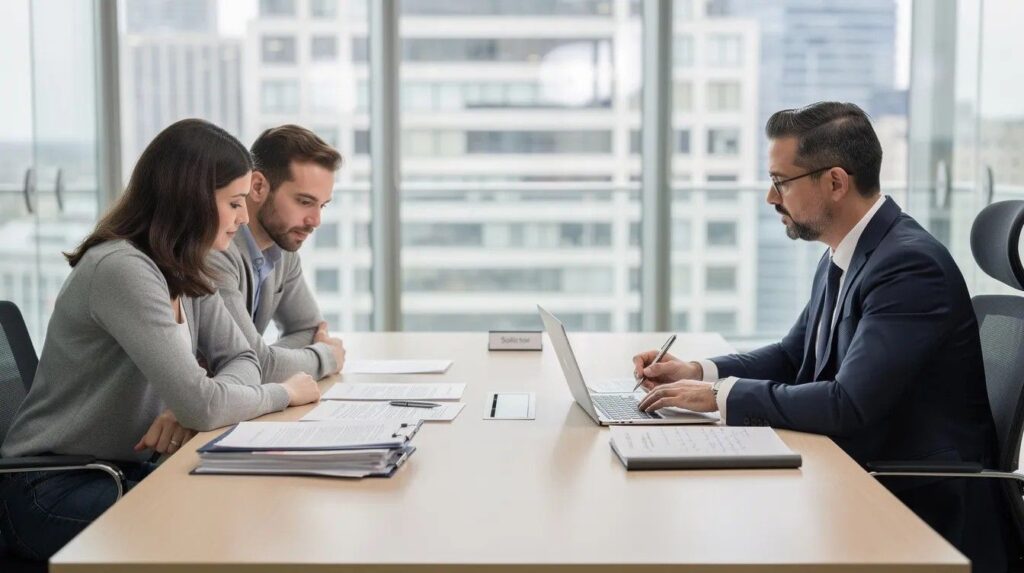 ouple sitting across a table from a solicitor, reviewing paperwork related to their divorce settlement and the division of matrimonial assets.