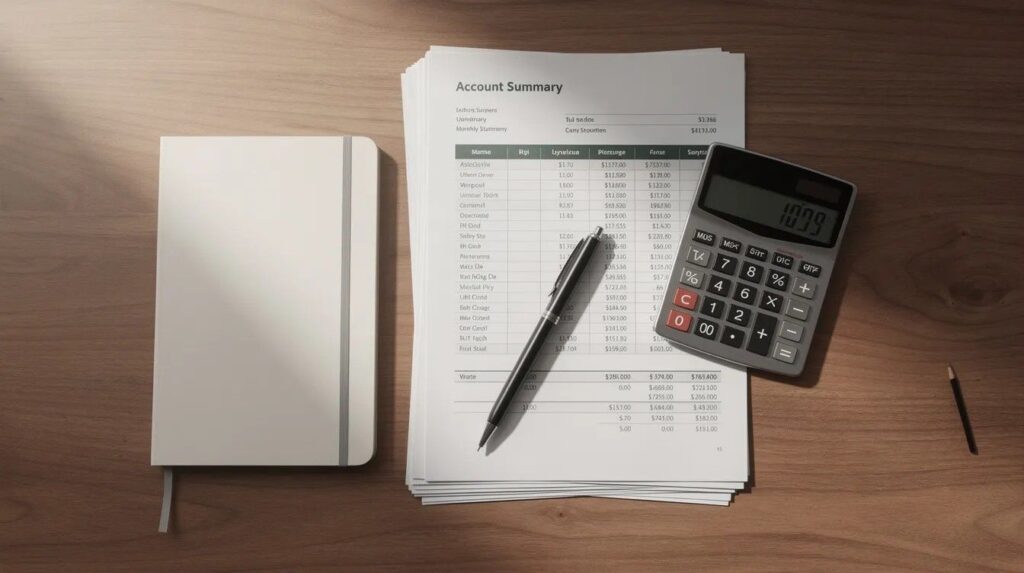 Collection of financial documents and bank statements neatly arranged alongside a calculator on a wooden desk, suggesting the preparation to apply for fiance visa UK.