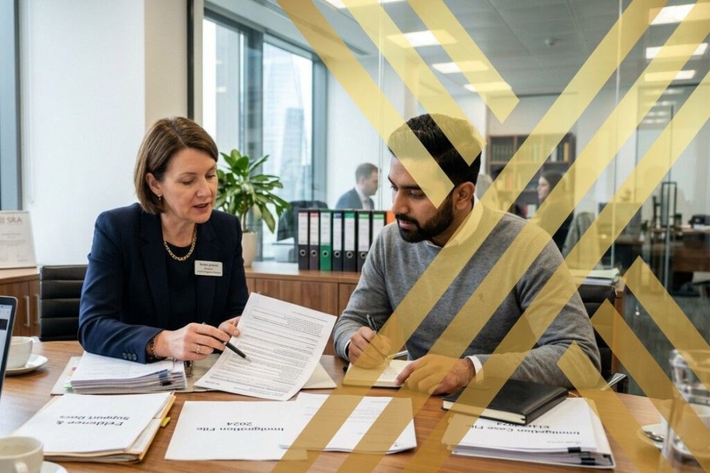 A professional immigration solicitor Leeds meeting with a client in a modern office, reviewing UK visa documents and providing legal advice during a consultation