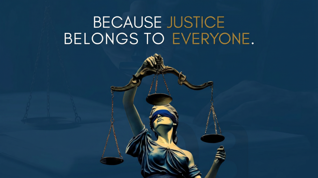 A diverse group of people holding hands, symbolizing unity and the belief that justice is a universal right for all.