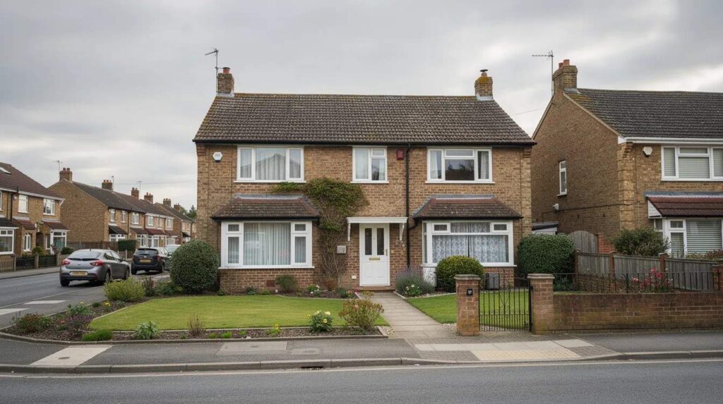 Semi-detached house in the UK, featuring a small front garden on a quiet residential street, symbolising the type of property that may be involved in a divorce settlement process.