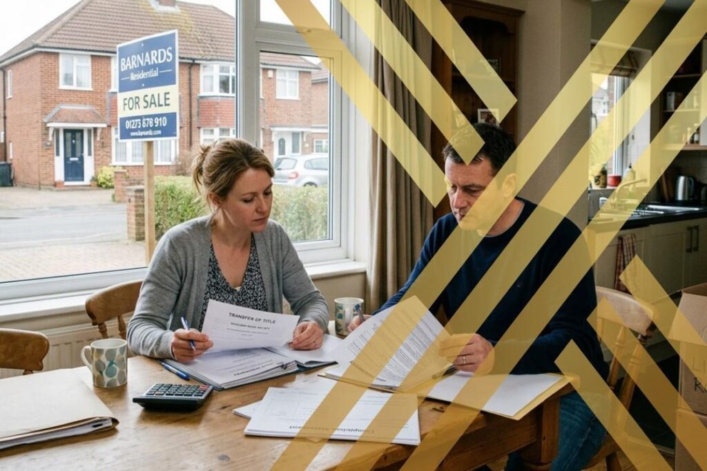 Separated couple reviewing house sale documents and selling property before divorce settlement​ with a property for sale sign visible outside a family home in the UK.
