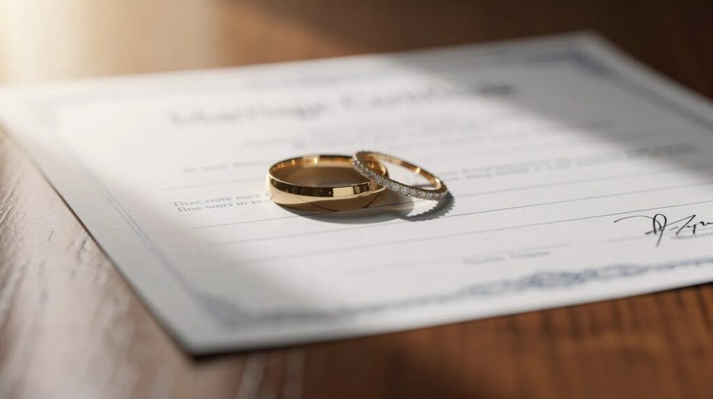 Two wedding rings elegantly placed on top of an official document, symbolising a switch from a fiancé visa application to spouse visa route. 