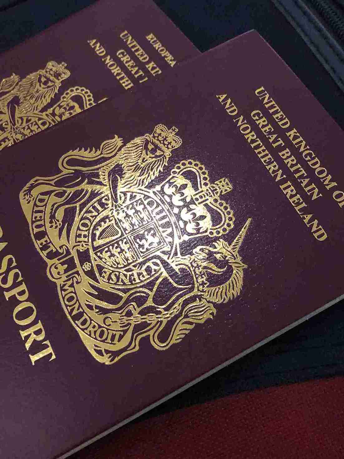 Two UK passports showing each above.