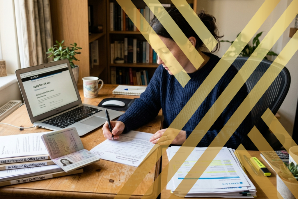 Documents required for UK visa showing a person reviewing a visa application form and preparing required documents
