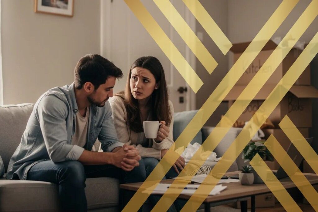 A couple sits together in their shared living room with moving boxes, symbolising their transition in cohabitation and confusion about unmarried couples property rights UK.