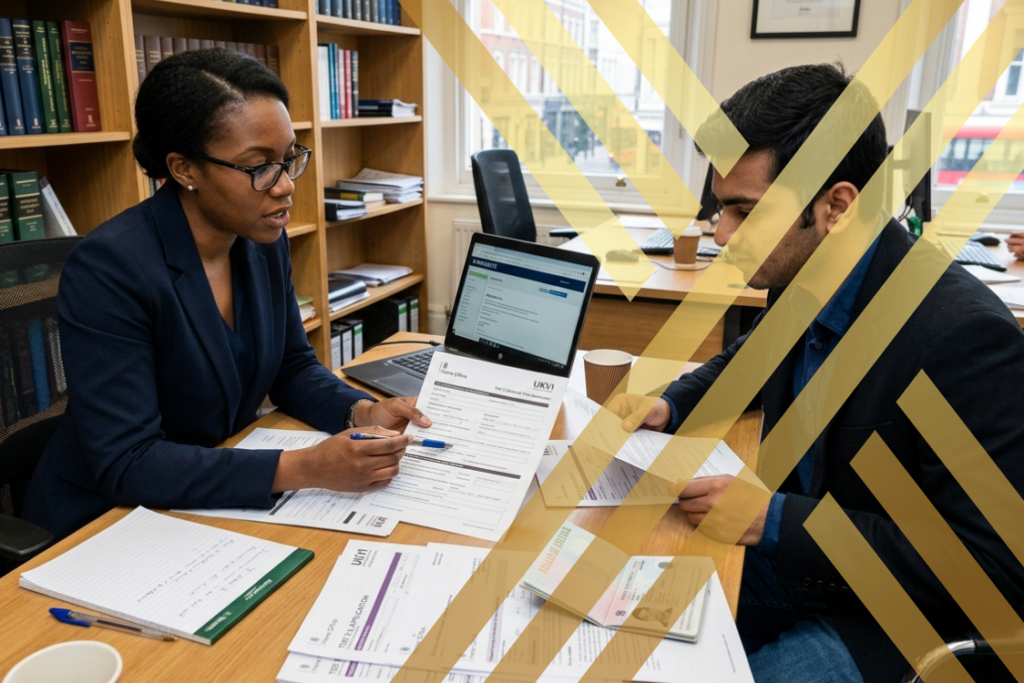 An immigration solicitor and a client are seated at a desk, meticulously reviewing UK visa application documents together, showcasing the legal expertise of the best immigration solicitor in London.