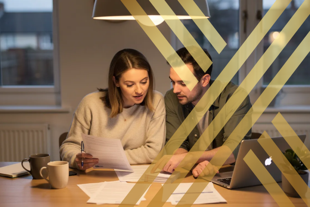 A couple is seated at a modern dining table in a UK home, reviewing legal paperwork and discussing their legal rights and financial arrangements as common law partners.
