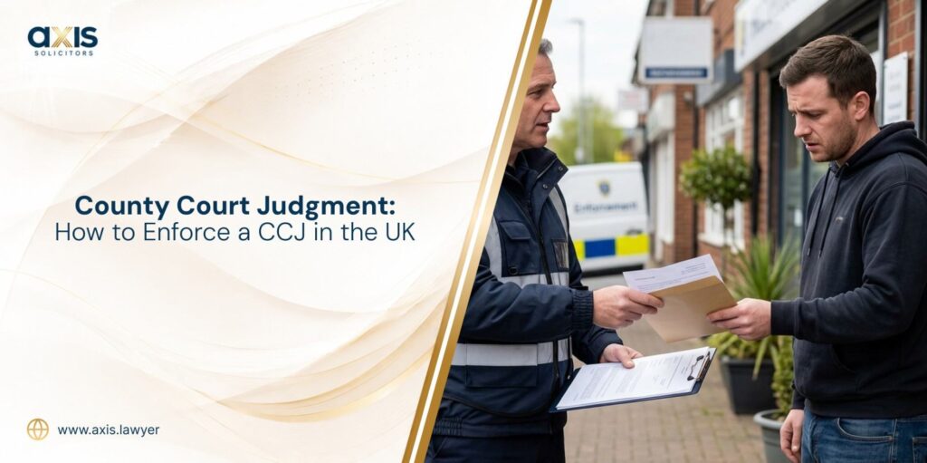 A uniformed enforcement officer handing an official envelope and documents to a man standing outside on a sidewalk, showing how to enforce a CCJ in the UK.